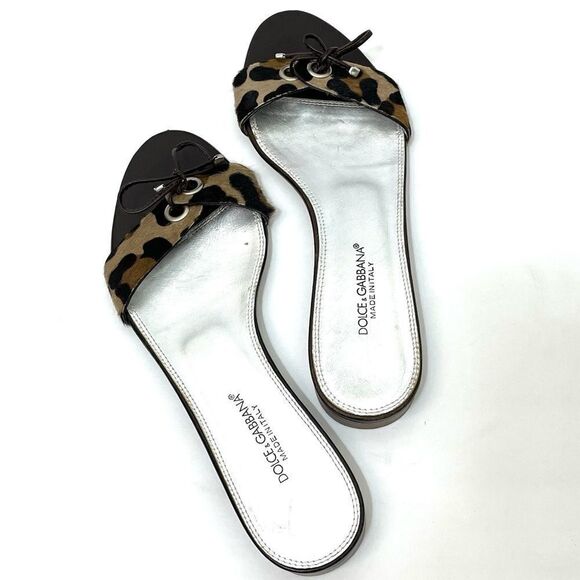 Dolce & Gabbana Leopard Print Calf Hair One Strap Slide Sandals With Tie size 10 - Picture 1 of 15